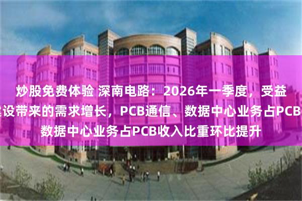 炒股免费体验 深南电路：2026年一季度，受益于算力基础设施建设带来的需求增长，PCB通信、数据中心业务占PCB收入比重环比提升